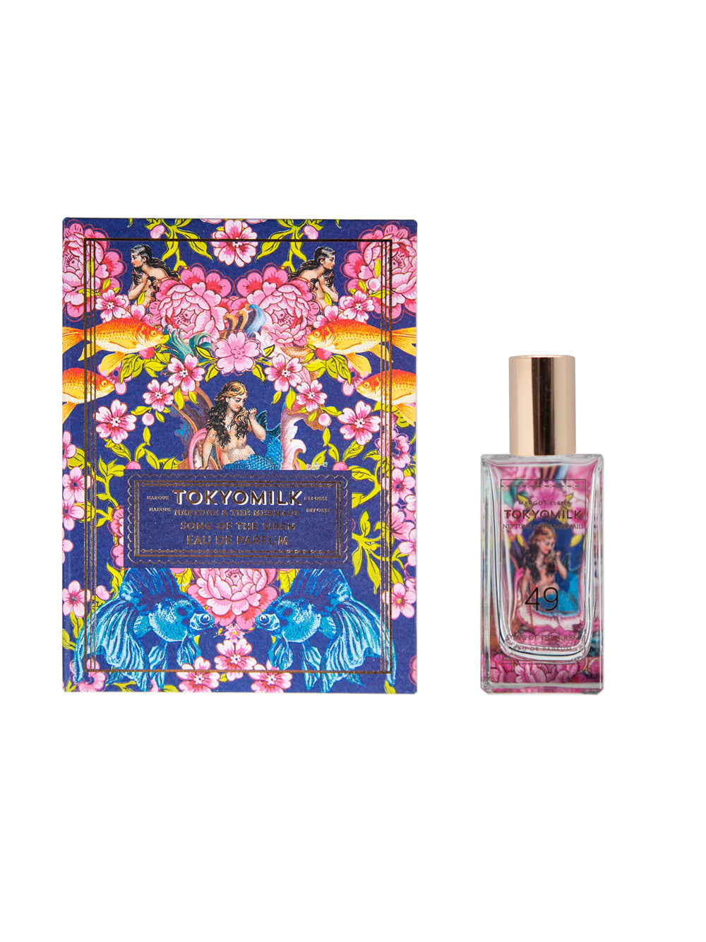 A bottle of Margot Elena TokyoMilk Neptune & The Mermaid Song of the Siren No. 49 Parfum beside its decorative packaging, featuring vibrant floral patterns and a vintage-style illustration of a woman surrounded by rosewater-scent.