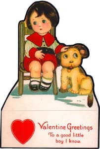 Vintage Greeting Cards Valentine's Day one-sided card featuring a young boy in a red and black outfit sitting in a chair beside a yellow plush dog, with the text "Valentine greetings to a good little boy.
