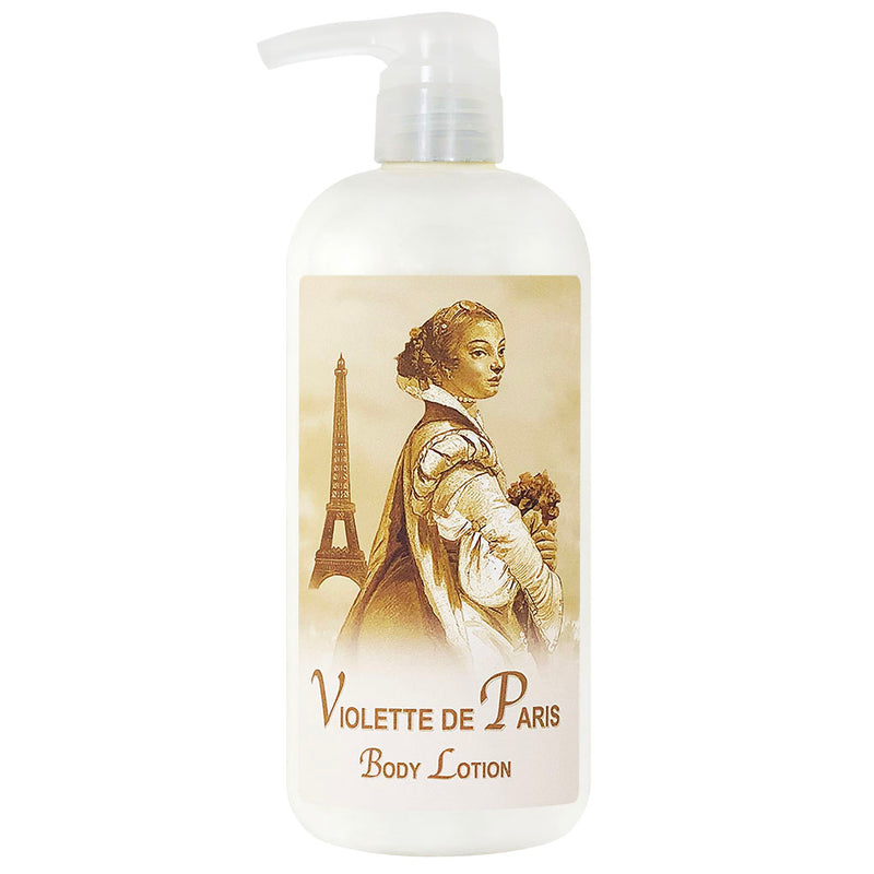 A pump bottle of La Bouquetiere Violette de Paris Body Lotion featuring a vintage-style illustration of a woman holding flowers with the Eiffel Tower in the background now enhanced with active aloe.