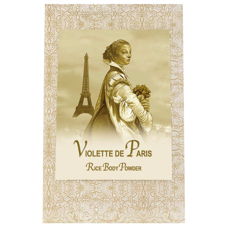 Vintage-style advertisement featuring an illustrated woman holding flowers with the Eiffel Tower in the background, labeled "La Bouquetiere Violette de Paris Rice Powder Refill Bag.