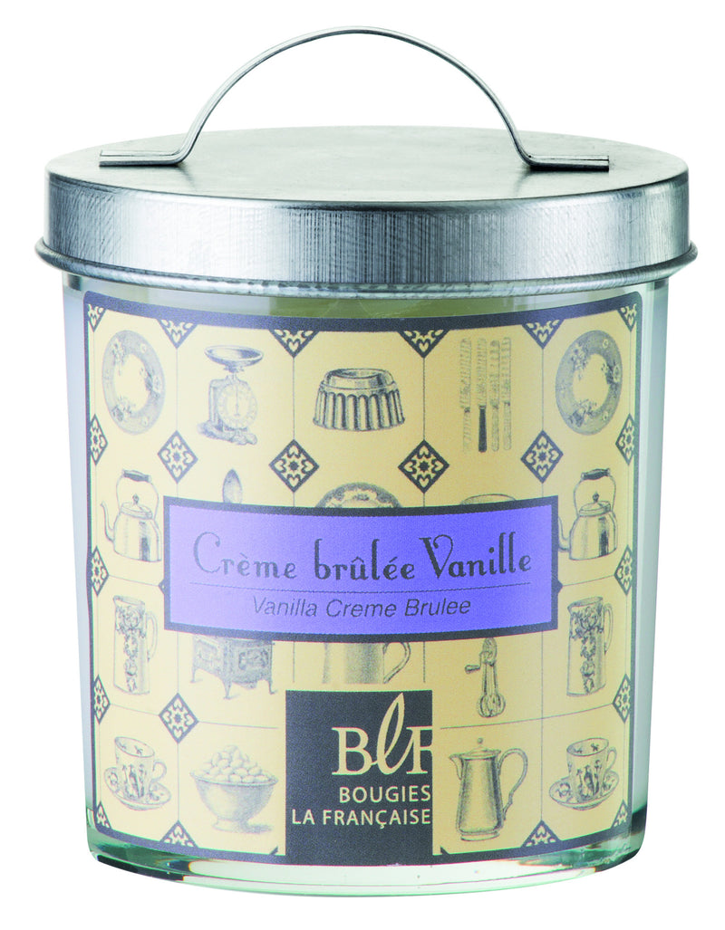 A decorative Bougies la Francaise Vanilla Creme Brulee fragrance candle in a metallic tin with a handle, featuring a vintage design with baking utensils and a purple label.