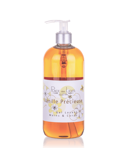 A transparent pump bottle of Place des Lices Vanille Précieuse Washing Gel, enriched with vanilla flower, showing the amber-colored liquid inside, set against a plain background.