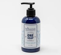 A blue bottle of BC Essentials - Stress Relief One Soap with a pump dispenser on a white background. The label features elegant cursive and print typography.