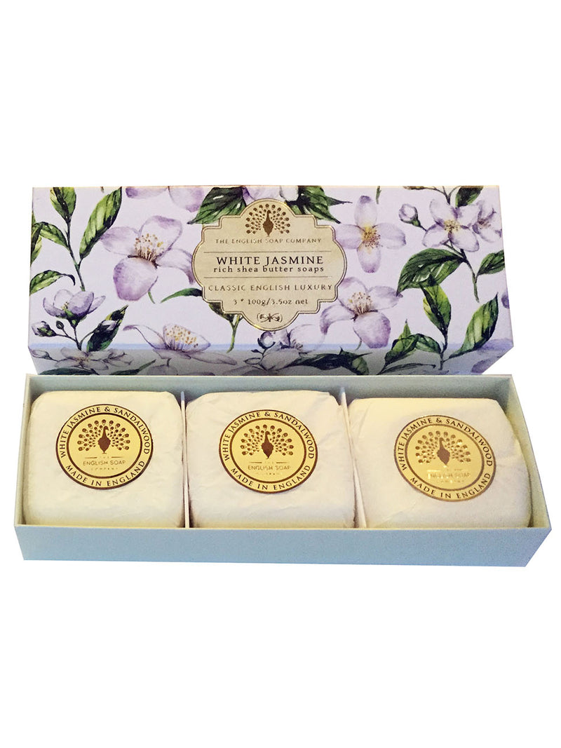 A box of three The English Soap Co. White Jasmine Gift Box Hand Soaps packaged elegantly with floral designs, labeled "classic English luxury" on each individually wrapped bar.