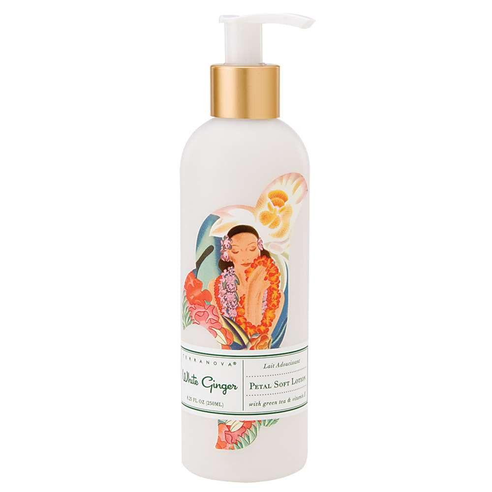 A bottle of Terra Nova White Ginger Petal Soft Lotion with an illustration of a woman surrounded by colorful tropical flowers on the label, featuring a white pump dispenser.