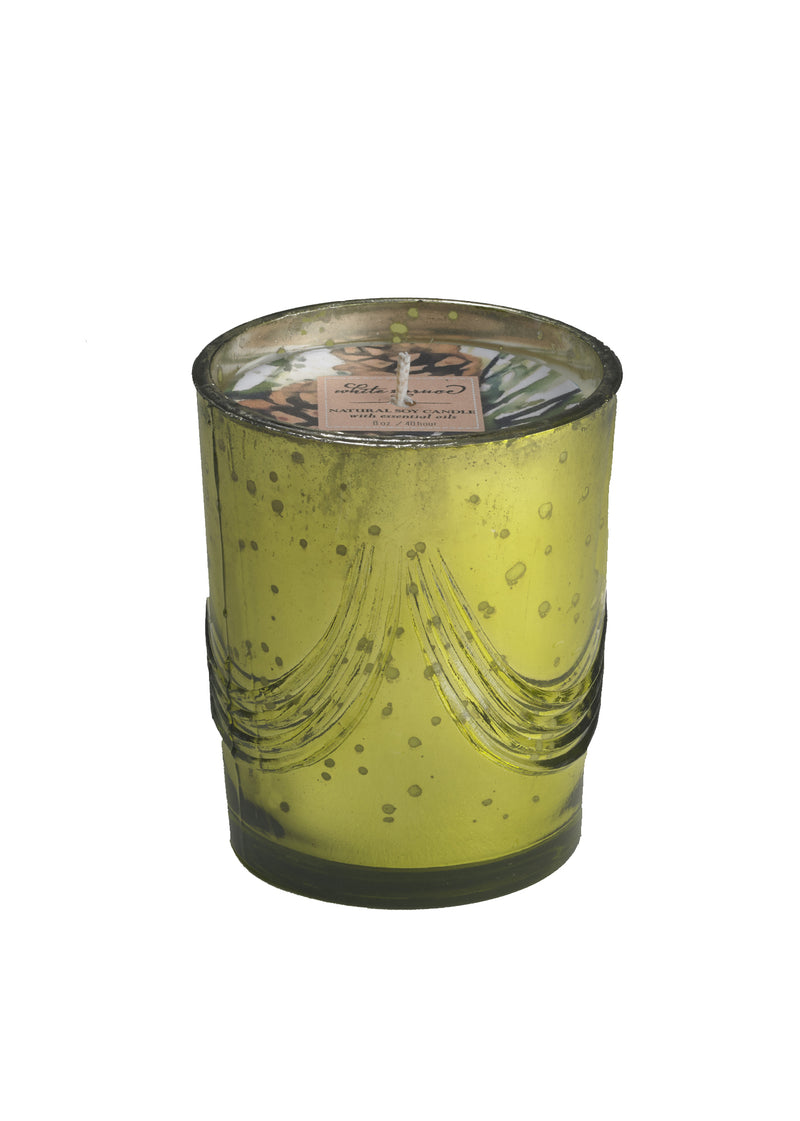 A green Mangiacotti White Spruce Natural Soy Candle in Mercury Glass-8 oz. garland design vessel with speckled pattern and a metallic lid, isolated on a white background.