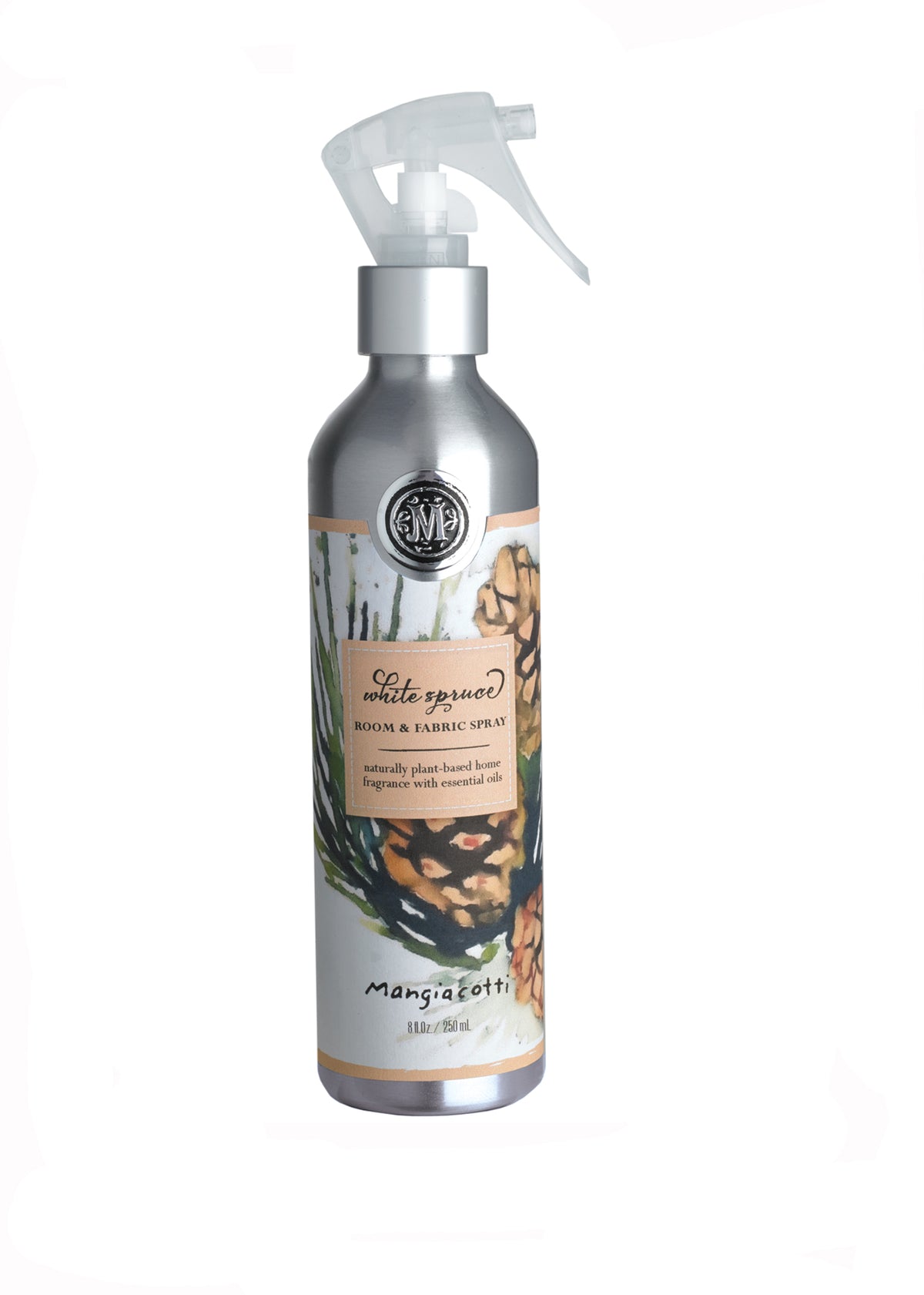 Aluminum spray bottle of Mangiacotti White Spruce Room & Fabric Spray with a label featuring painted lemons and greenery, accompanied by a gray and white logo at the top, infused with essential oils.