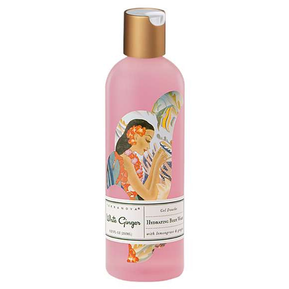 A pink bottle of Terra Nova White Ginger Hydrating Body Wash with an illustrated label featuring a woman surrounded by tropical foliage. The product is described as a hydrating formula with white ginger.