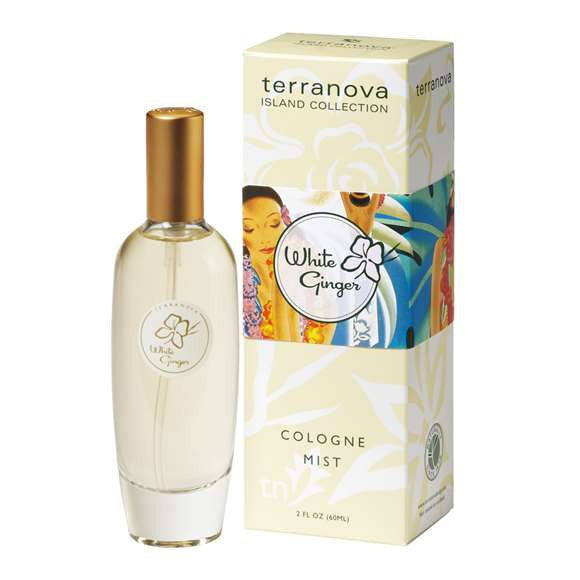 A bottle of Terra Nova White Ginger cologne mist next to its tropical gift box. The box is decorated with vibrant floral graphics and an image of a woman enjoying the scent.