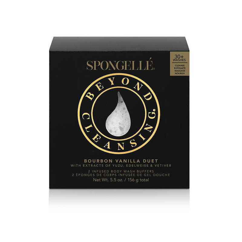 A black box packaging for Spongellé - Bourbon Vanilla Boxed Duo featuring "bourbon vanilla duet" with text describing it as Body Wash Infused Buffers infused with ylang ylang.