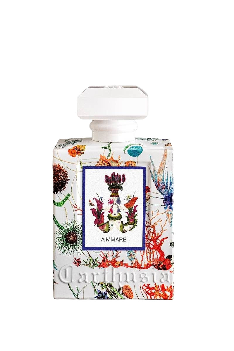 A square-shaped Carthusia A'mmare Eau de Parfumo 100ml bottle with a white cap, decorated with colorful floral and marine life illustrations. The label features the word "Carthusia A'MMARE fragrance" in a decorative frame. Brand: Carthusia I Profumi de Capri.