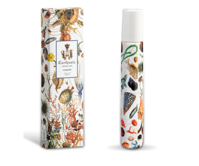 Two bottles of Carthusia A'mmare Perfume Oil Roll-On Single with intricate botanical designs. The left bottle is tall with colorful illustrations of plants and insects; the right is slimmer with vivid plant and fruit motifs. Brand: Carthusia I Profumi de Capri.