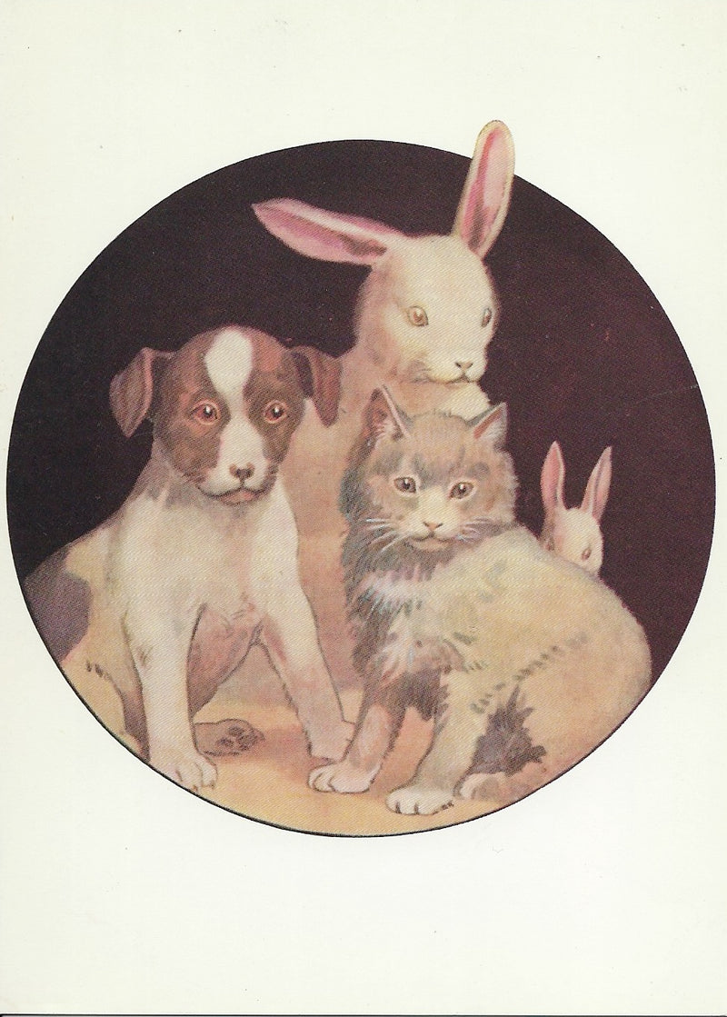 Hello, a vintage illustration of two puppies, two rabbits, and a cat sitting together against a dark circular background, conveying a sense of companionship among different species is featured on the "Friendship Greeting Card - The Animals in our House" from the Greeting Cards brand.
