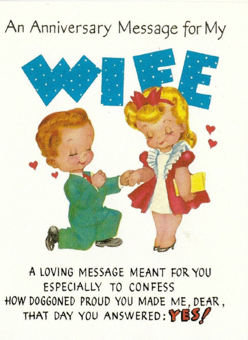 Vintage anniversary card depicting a boy and girl holding hands inside, pictured with the text "An Anniversary Message for My Wife," expressing love and pride by Greeting Cards.