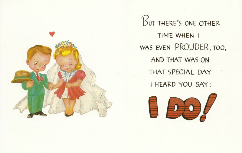 Illustration of a young boy in a suit and a young girl in a wedding dress with angel wings, holding hands inside pictured dimensions, with the text "i do!" in vibrant red, indicating an Anniversary Greeting Card - An Anniversary Message from Greeting Cards.