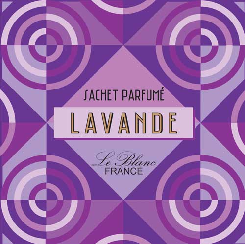 A geometric patterned background in shades of purple and white with a central label that reads "Le Blanc Lavender Art Deco Scented Sachet, perfume lavender, Le Blanc Made in France" in elegant typography.