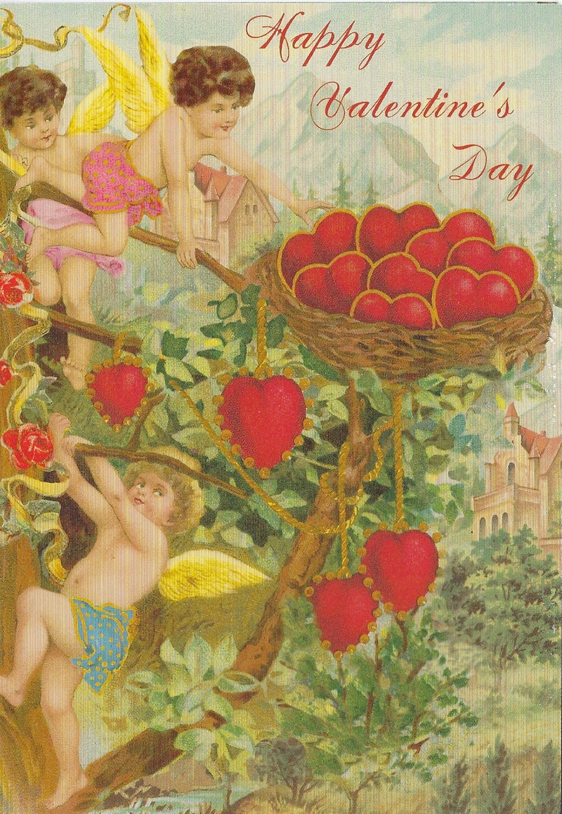 A vintage Valentin's Day Greeting Card - To My Valentine depicting three cherubs in a tree, one climbing a ladder with red hearts and roses nearby, with the text "Happy Valentine's Day" at the top. Brand Name: Greeting Cards