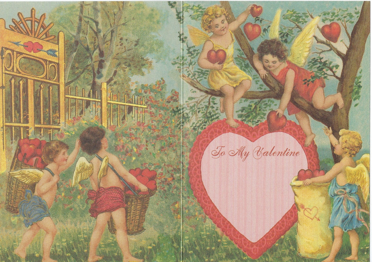 Vintage Greeting Cards Valentine's Day card depicting four cherubs in a garden, picking apples and placing them in baskets, with a large pink heart and "to my valentine" text in the center, complete with.