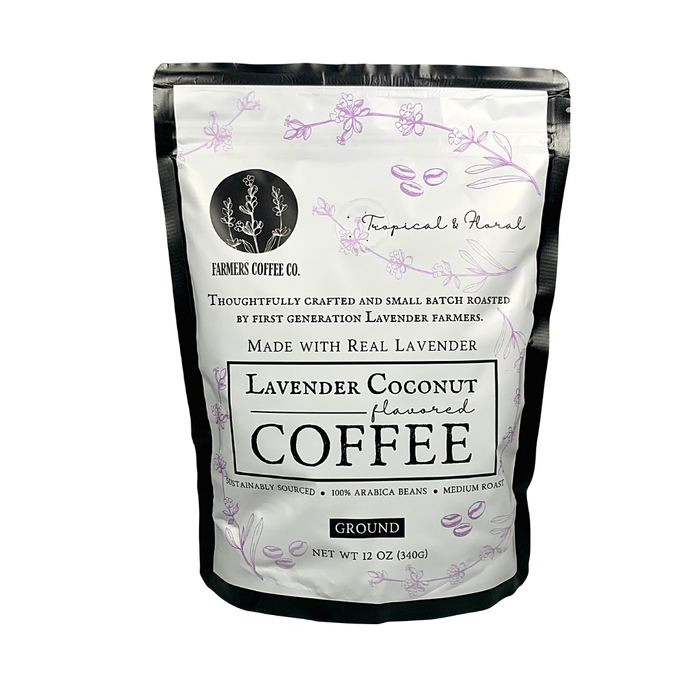 Savor the delightful fusion of Lavender Coconut Coffee by FARMERS Lavender Co. This 12 oz bag, featuring elegant lavender floral designs, combines real lavender with 100% Arabica coffee for a medium roast that's both inviting and aromatic.
