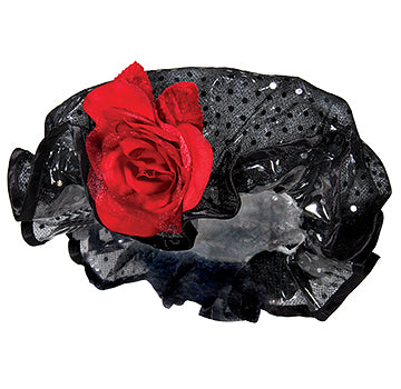 A Fancy Shower Cap - Elegant Black featuring a velvety rose nestled among folds of black fabric and glittering accents, set against a plain white background.