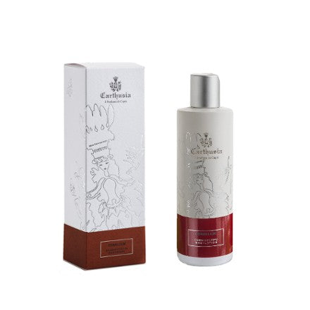 A bottle of Carthusia Corallium Body Lotion alongside its packaging. The packaging features elegant, classical illustrations in white and gray on a white background with a burgundy label designed for sensitive skin by Carthusia I Profumi de Capri.