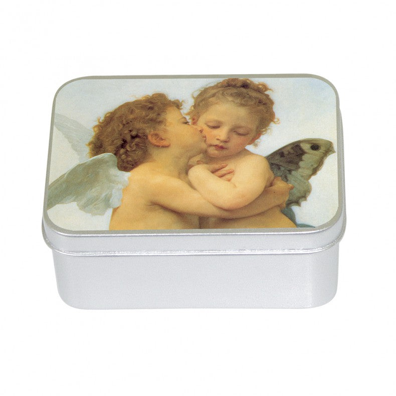 A small, square metal tin with a lid depicting a Le Blanc Rose Cherubs- William Bouguereau (1825 – 1905) 100gm Soap artwork of two cherubic angels embracing, one with curly hair, against a soft, undefined background. Brand Name: Le Blanc Made in France