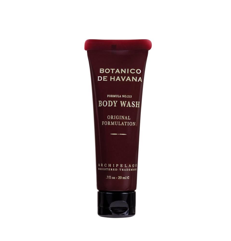 A tube of Archipelago Botanico de Havana Travel body wash standing upright against a white background. The packaging is deep red with white and black text detailing the product name, luxurious fragrance, and features.