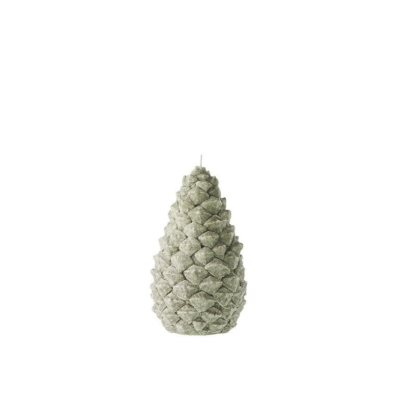 A single Bougies la Francaise Medium Scented Pine Cone Candle - Green displayed vertically against a plain white background, showcasing its detailed scales and natural texture, evoking the perfume of the forest.