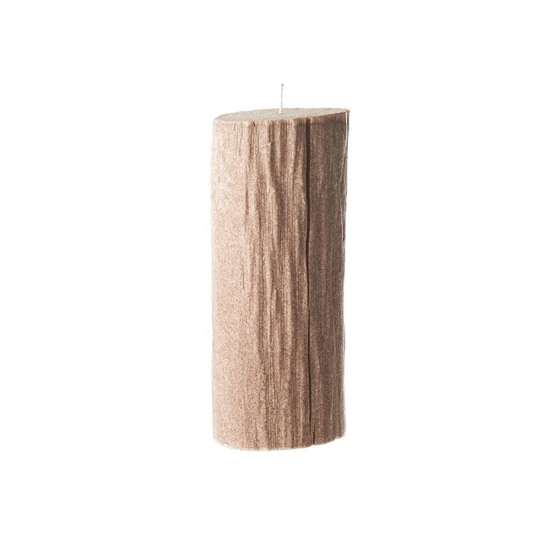 A tall, beige Bougies la Francaise Large Tree Log Candle - Light Wood with a textured surface resembling wood bark and infused with the perfume of the forest, isolated on a white background.