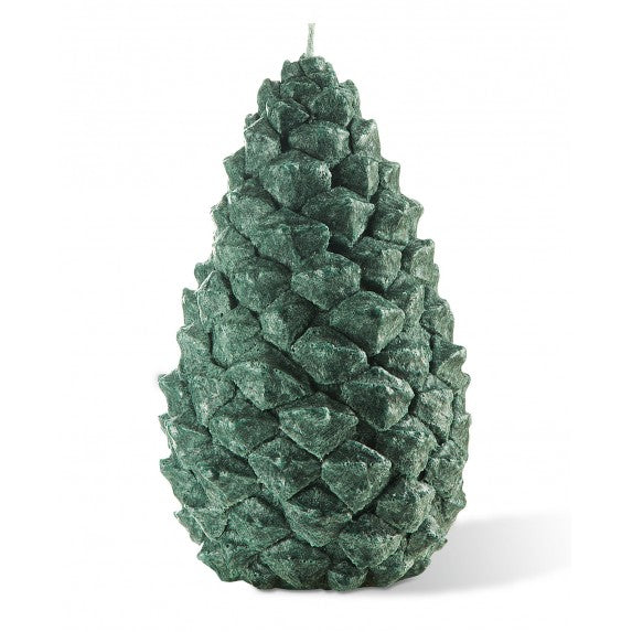 A textured green Bougies la Francaise Medium Scented Pine Cone Candle, standing upright with a visible wick at the top, isolated against a white background.