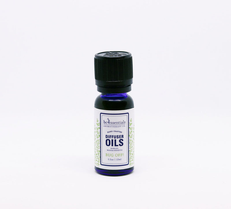 A small bottle of "BC Essentials - Bug Off! Diffuser Oil" labeled on a white background. The bottle is dark blue with a black cap and green label that includes citronella.