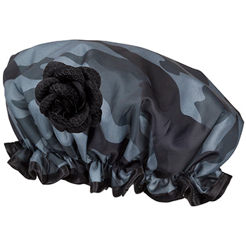 A stylish Fancy Shower Cap - Camouflage Design adorned with a black satin rose and ruffled trim, photographed against a white background, by Shower Caps.