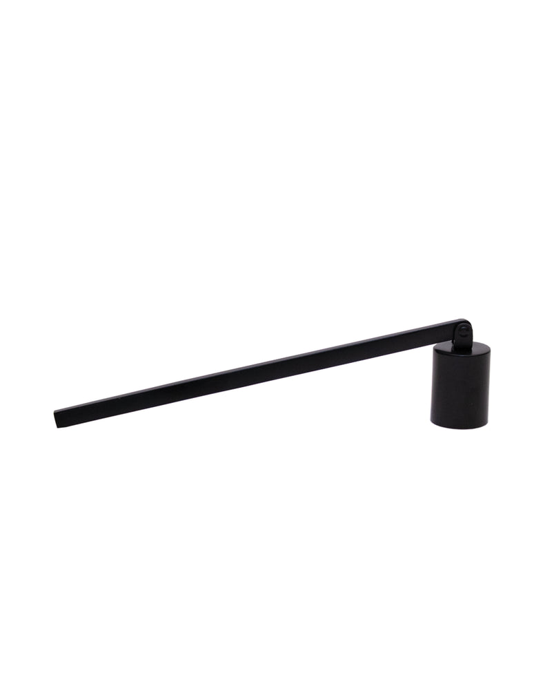 Black Simpatico Candle Snuffer in a horizontal position with a holder at one end, set against a white background, ideal as a hostess gift.