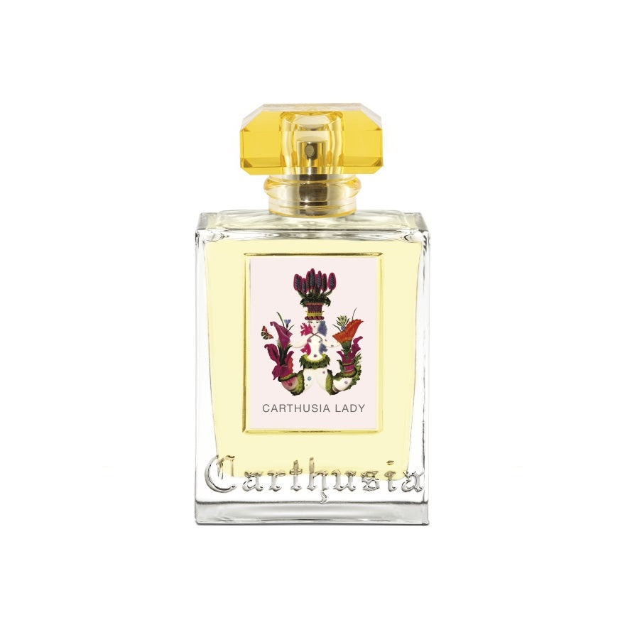 A bottle of Carthusia I Profumi de Capri Lady Eau de Parfum - 50ml perfume with a clear glass design and a gold cap. The label features a colorful floral chypre fragrance design and the brand name in cursive at the bottom.