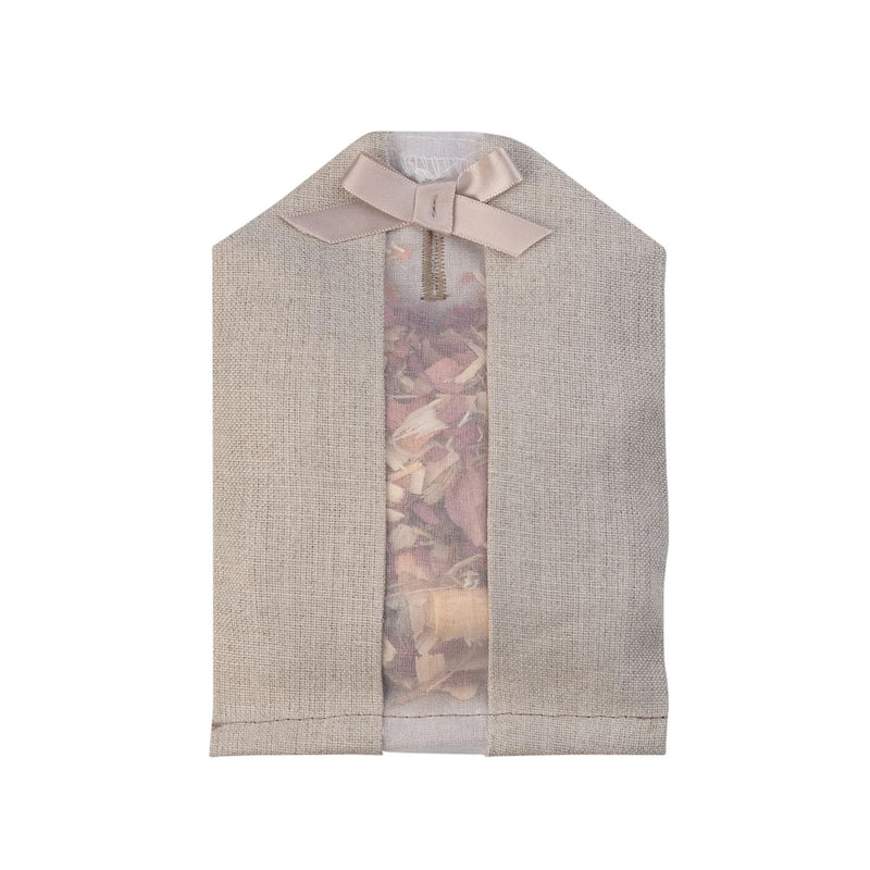 A elizabeth W Cedar Linen Hanger Sachet with a transparent front panel filled with potpourri, designed to look like a blouse with a collar and a bow at the top.