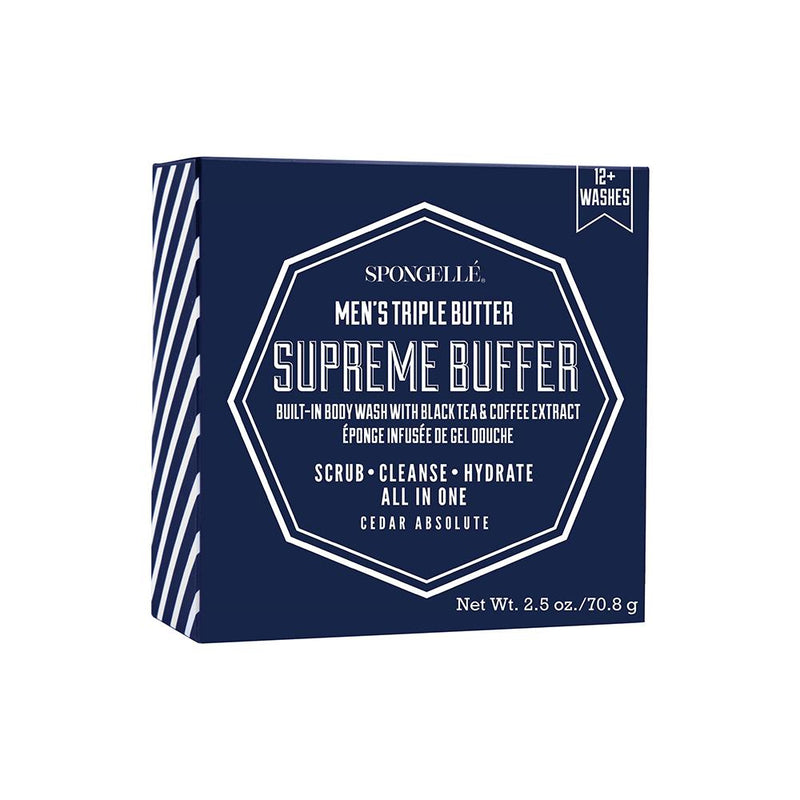 A square package of Spongellé Men's 12+ Supreme Buffer Cedar Absolute, promising 12+ washes, in blue and white colors with striped design.