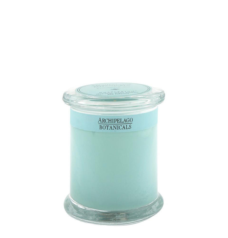 A light blue, glass jar candle labeled "Archipelago Excursion Charleston" by Archipelago Botanicals with a silver lid, isolated on a white background.