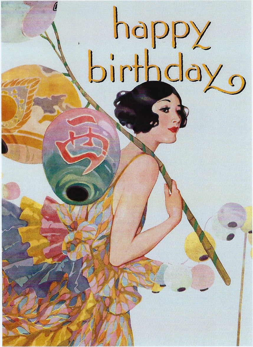 Vintage birthday card featuring an illustrated woman in a floral dress holding a string of colorful balloons, with "happy birthday" text at the top. This Greeting Cards birthday card is blank inside.