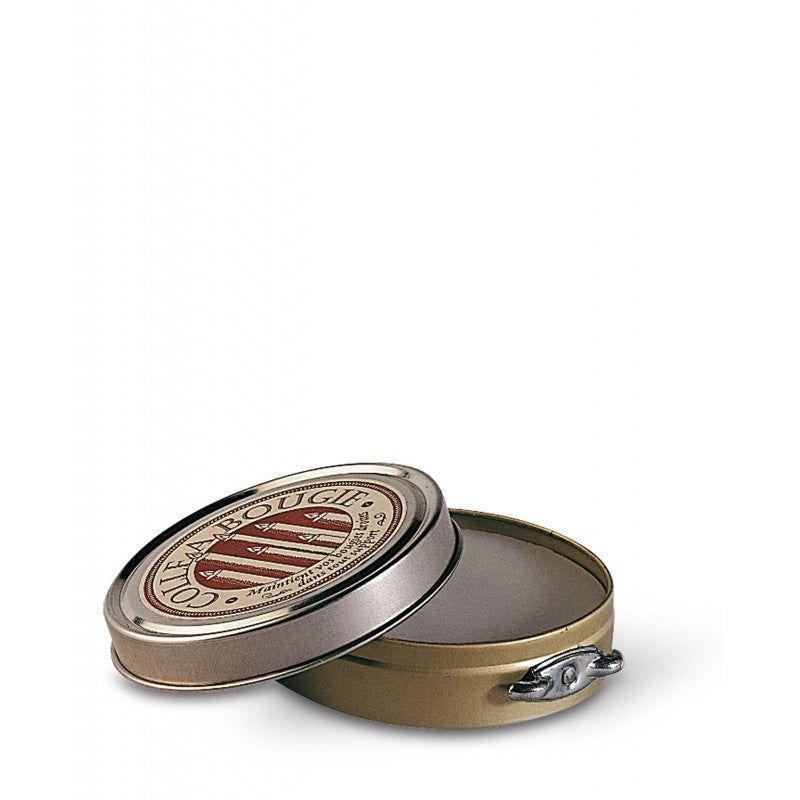 A small, open, circular tin of Bougies La Francaise Candle Glue with a vintage-style label on its lid, resting against a plain white background. The tin appears to be empty but is suitable as a candle holder.