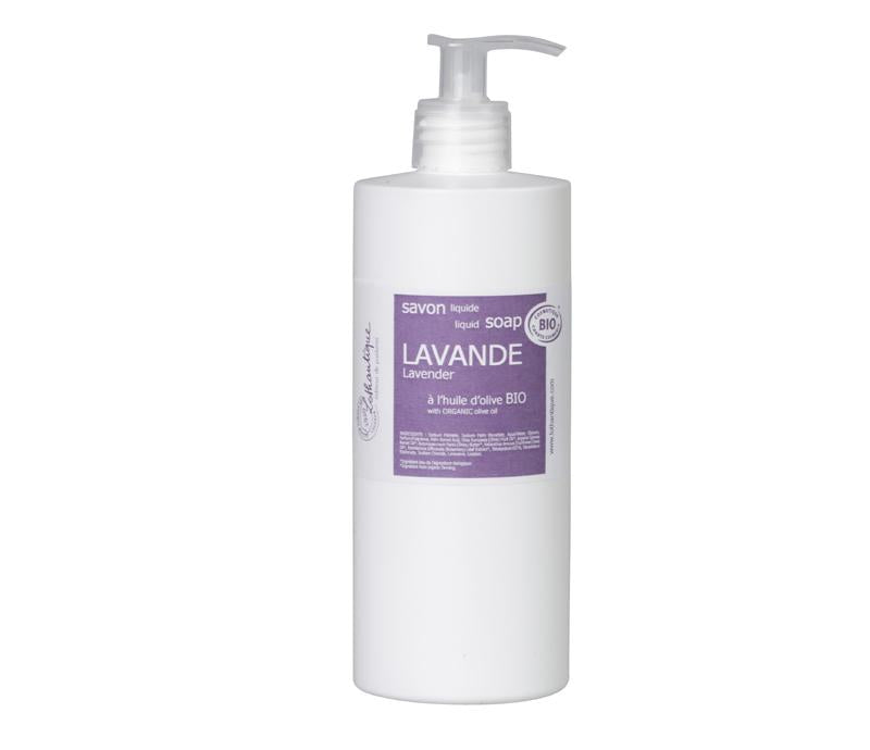 White pump bottle of Lothantique Organic 500mL Lavender Liquid Soap labeled in French, featuring organic ingredients against a plain background.