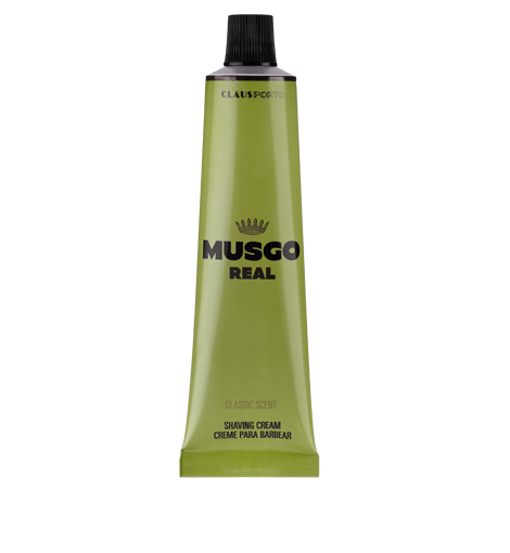 A tube of Claus Porto Musgo Real Classic Scent Shave Cream in a dark green tube with a black cap, labeled in white and black text, against a plain background.