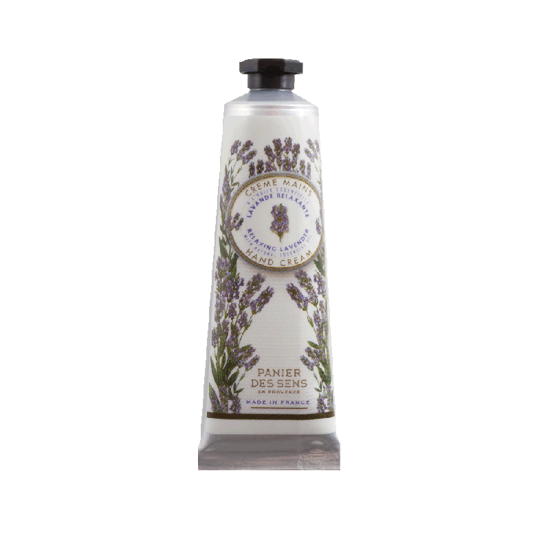 A tall tube of Panier Des Sens Lavender Hand Cream 1 oz labeled in French "crème main lavande," adorned with purple lavender sprigs and the text "panier des sens, made in France," enhanced with lavender essential.