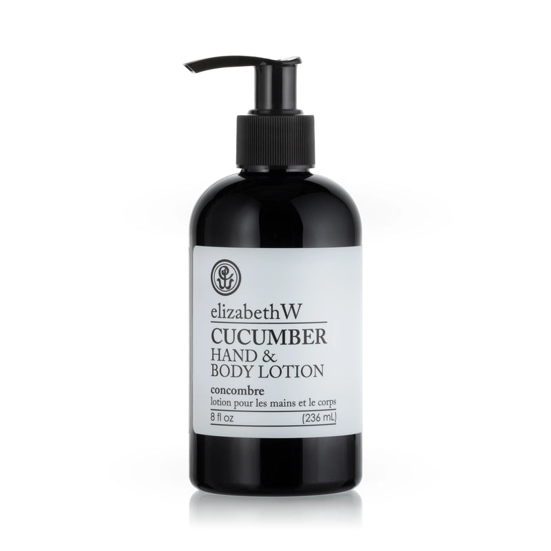 A black pump bottle of elizabeth W Purely Essential Cucumber Hand & Body Lotion, labeled in white with details in both English and French, isolated on a white background.