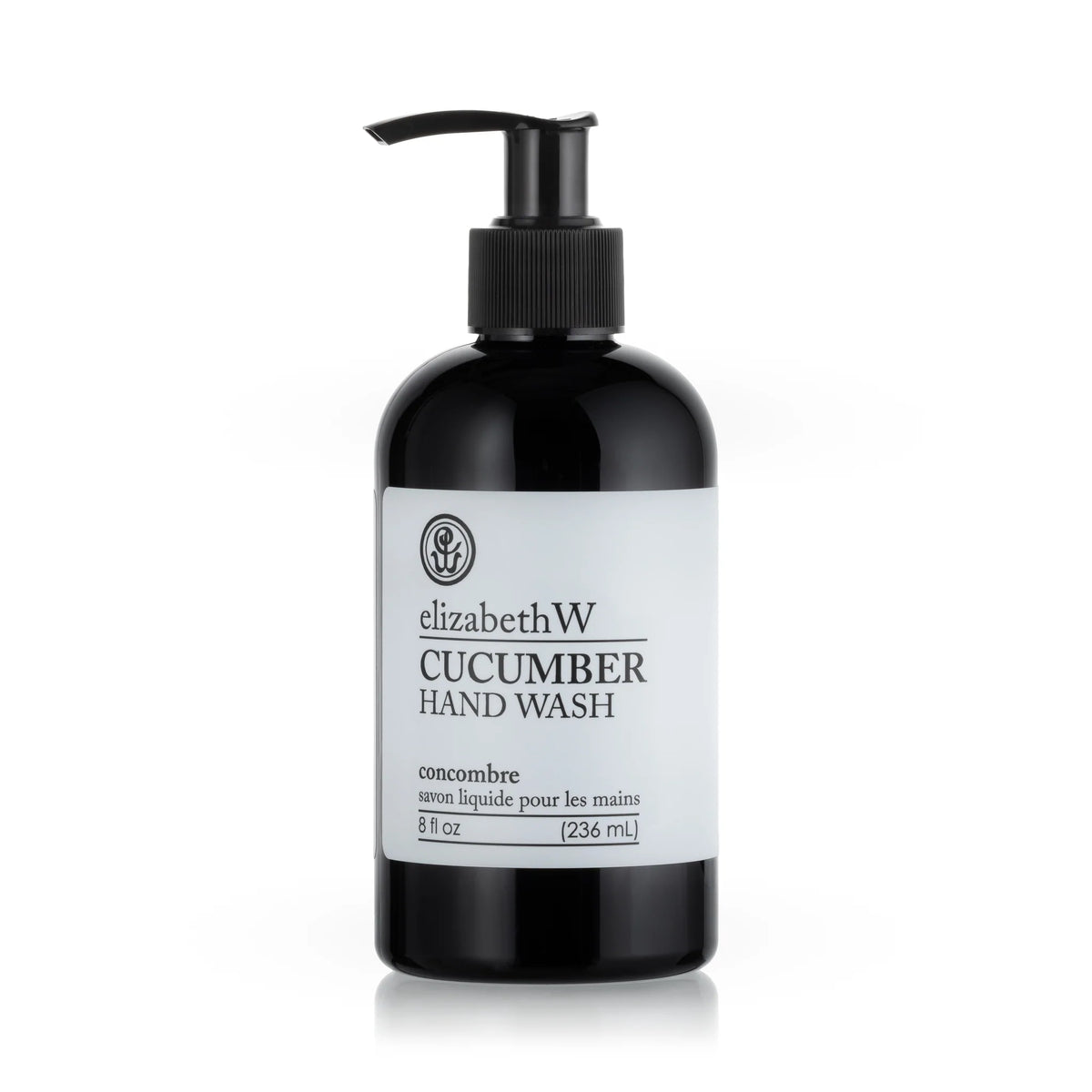 A black pump bottle of elizabeth W Purely Essential Cucumber Hand Wash, labeled in white, isolated on a white background.