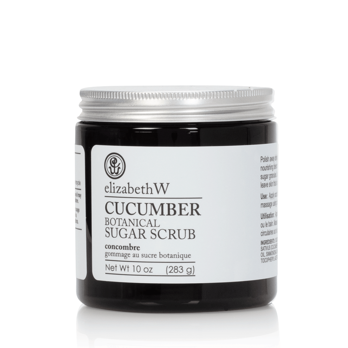 A jar of elizabeth W Purely Essential Cucumber Sugar Scrub on a reflective surface with clear and visible label details.