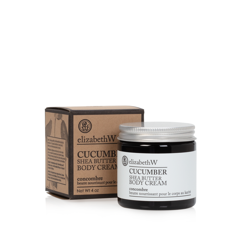 A jar of Elizabeth W Purely Essential Cucumber Body Cream next to its packaging box, displayed against a white background.
