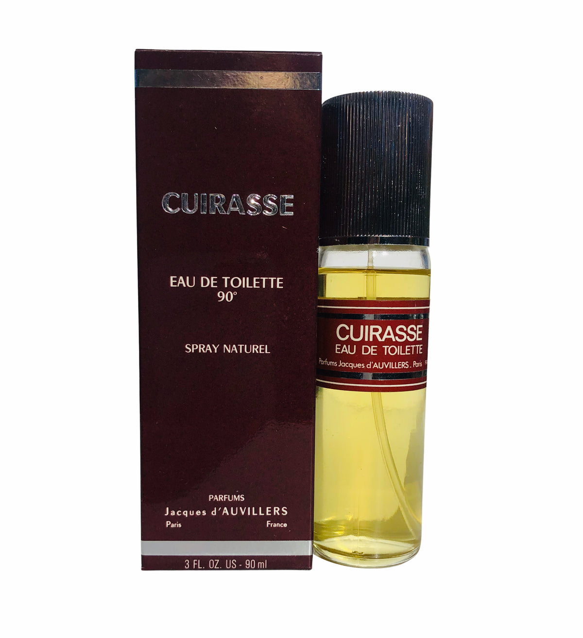 A bottle of Laboissiere Parfums Paris Jacques d' Auvillers Cuirasse Eau de Toilette - 90ml next to its dark burgundy packaging box, labeled clearly with the brand and men's fragrance details. The bottle