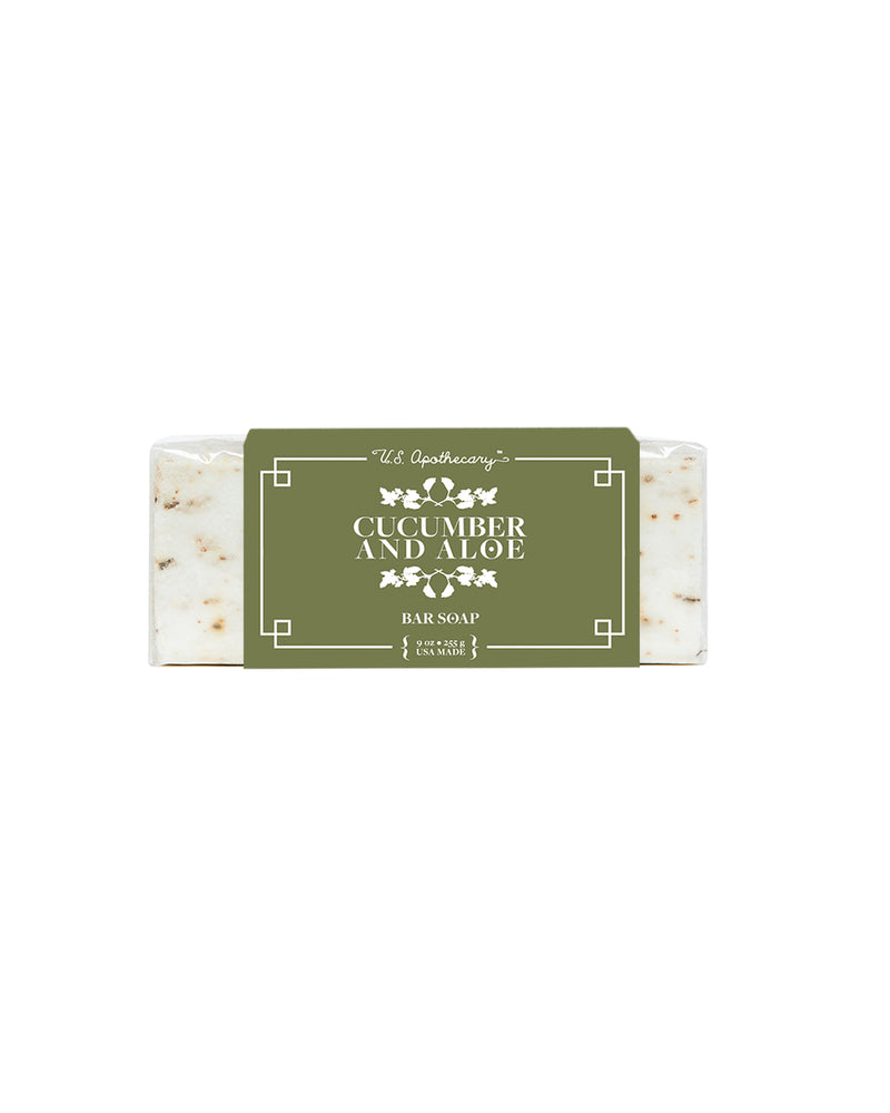 A bar of U.S. Apothecary Cucumber & Aloe Triple Milled Bar Soap with white and green packaging, labeled "U.S. Apothecary, ultimate cucumber aloe hydrating skin moisturizing bar soap, 8 oz.