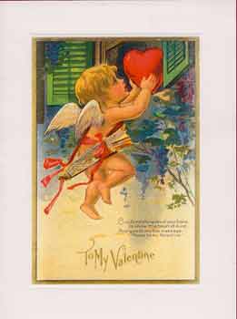 Vintage Valentine's Day Greeting Card depicting a cherub with wings, holding a large red heart outside a window with green shutters, surrounded by blue flowers. Text below says "To my Valentine.