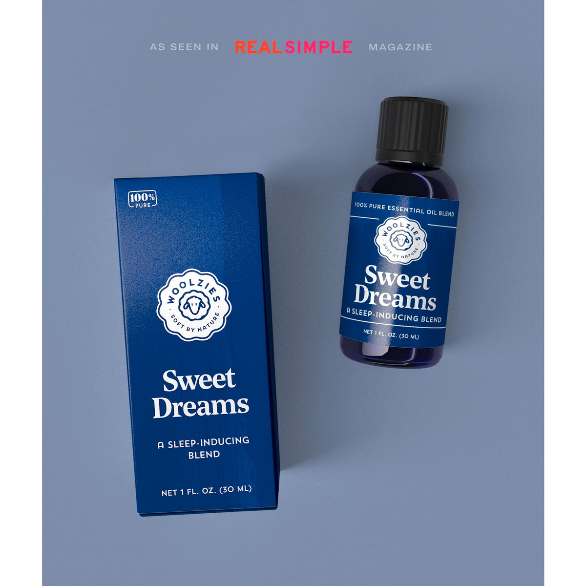 Product display of "Woolzies Sweet Dreams Blend" for insomnia relief, featuring a bottle and box with blue labels, set against a gray background with the "Real Simple" magazine logo.